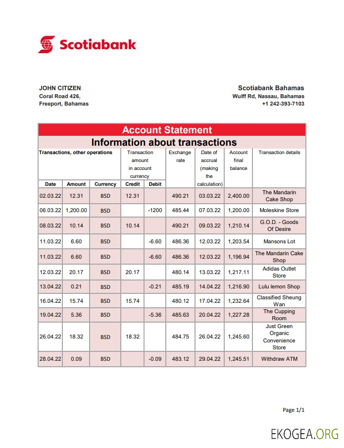 Relevé bancaire de la Banque Scotia des Bahamas xls